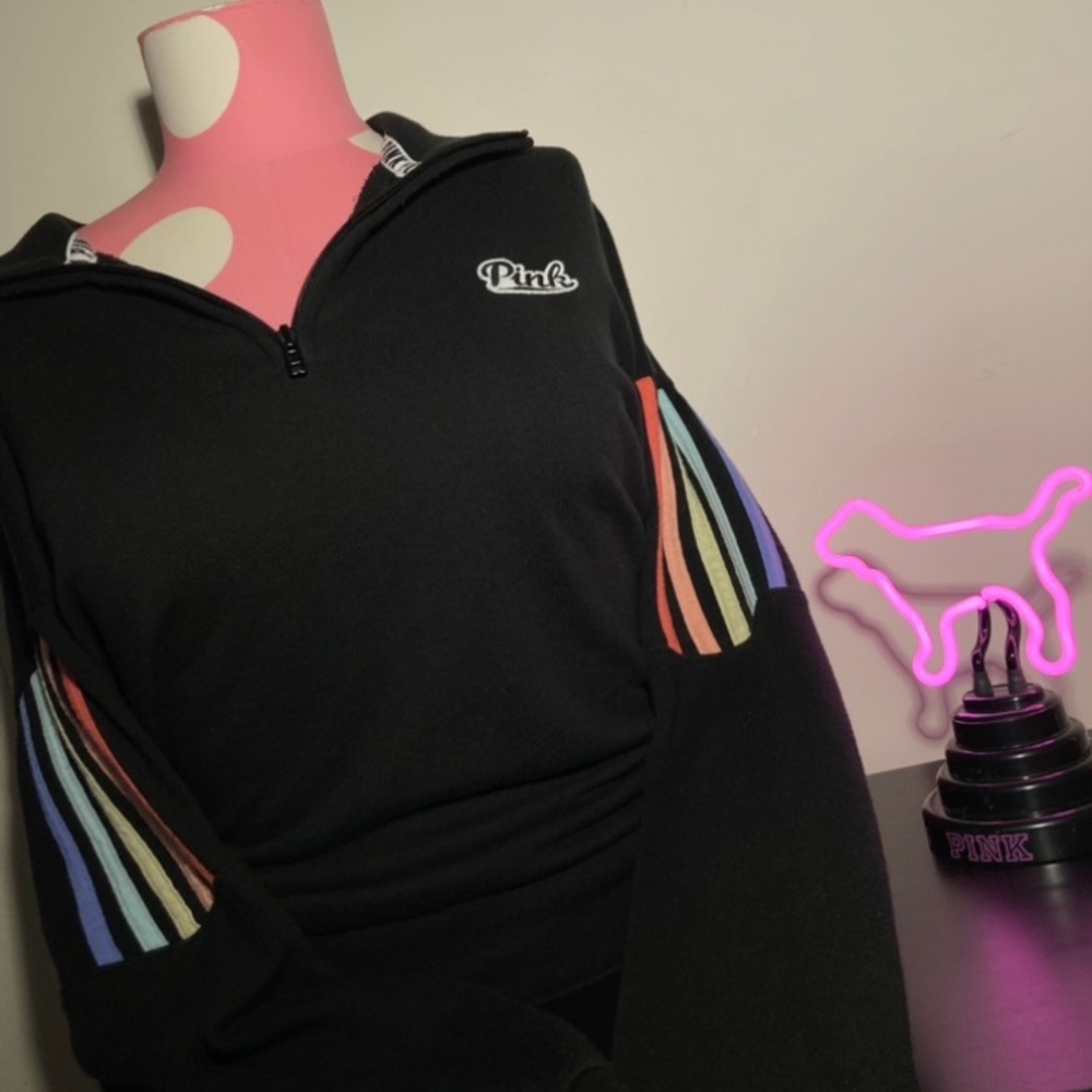 Victoria’s Secret Pink Quarter Zip Pullover Hoodie Rainbow Pride Logo Retro Y2K - Picture 11 of 15